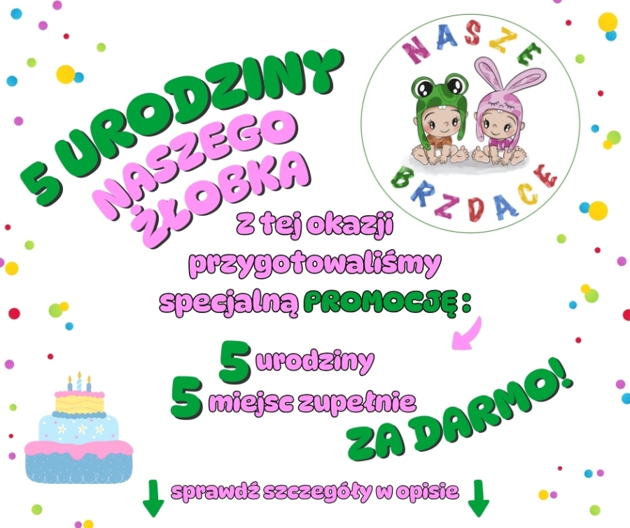 Wow 😍 5 lat ‼️  🥳 Kochani to dzięki Wam mamy już 5 lat ❤️ 
5 urodziny to świetna okazja, żeby Wam podziękować dlatego specjalnie dla Was mamy coś wyjątkowego ‼️ 
👉🏻 5 lat
👉🏻 5 miejsc 
👉🏻 3 DARMOWE miesiące 🥳 
👉🏻 3 warunki
Promocja przeznaczona dla:
- nowych klientów 
- dzieci 1-2 r.ż w momencie zgłoszenia 
- rodziców potrzebujących pełnej opieki (6-10 godz/dzień)
📢 Mamy tylko 5 miejsc
📢 Decyduje kolejność zgłoszeń 
Formularze zgłoszeniowe dostępne na www.nasze-brzdace.pl w zakładce  rekrutacja. Zgłoszenia prosimy przesyłać na naszebrzdace.biuro@gmail.com
W tytule prosimy o wpisanie "Zgłoszenie- 5 urodziny!"
Czekamy na Was 🥳🥳🥳